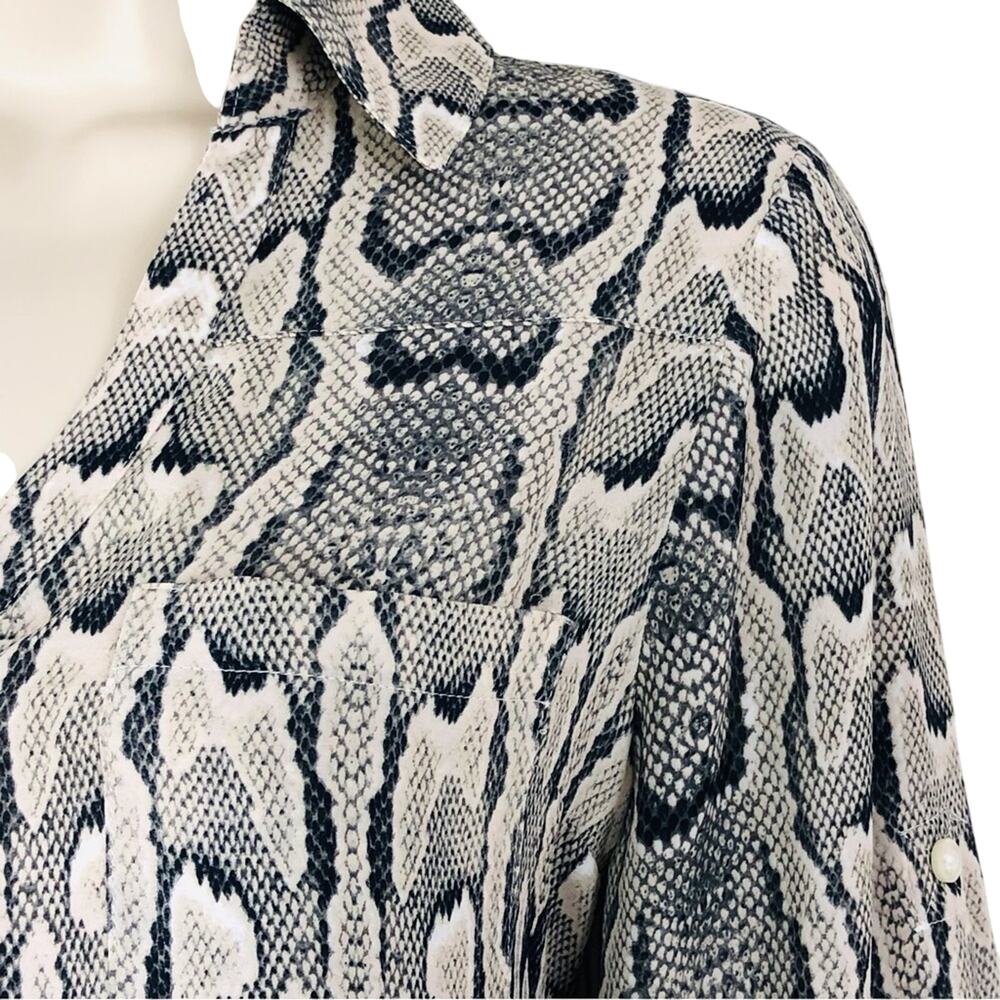Express Signature Portofino Button Front Blouse Snake Skin Print Tan Blue Cream - Picture 5 of 16